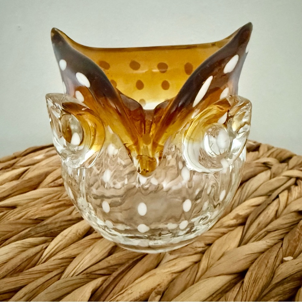 Art Glass Owl Figurine with Amber‎  clear white dot Accents candle holder